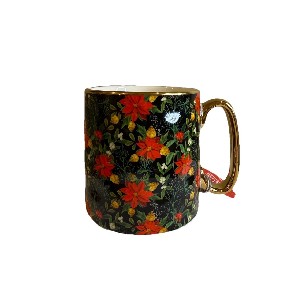 POINSETTIA 16oz Mug By 10 Strawberry Street Bella Floral Christmas Gold Rim NEW